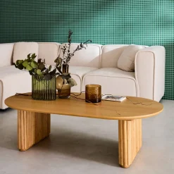 Mesa de centro ovalada de madera de hevea con chapa de roble