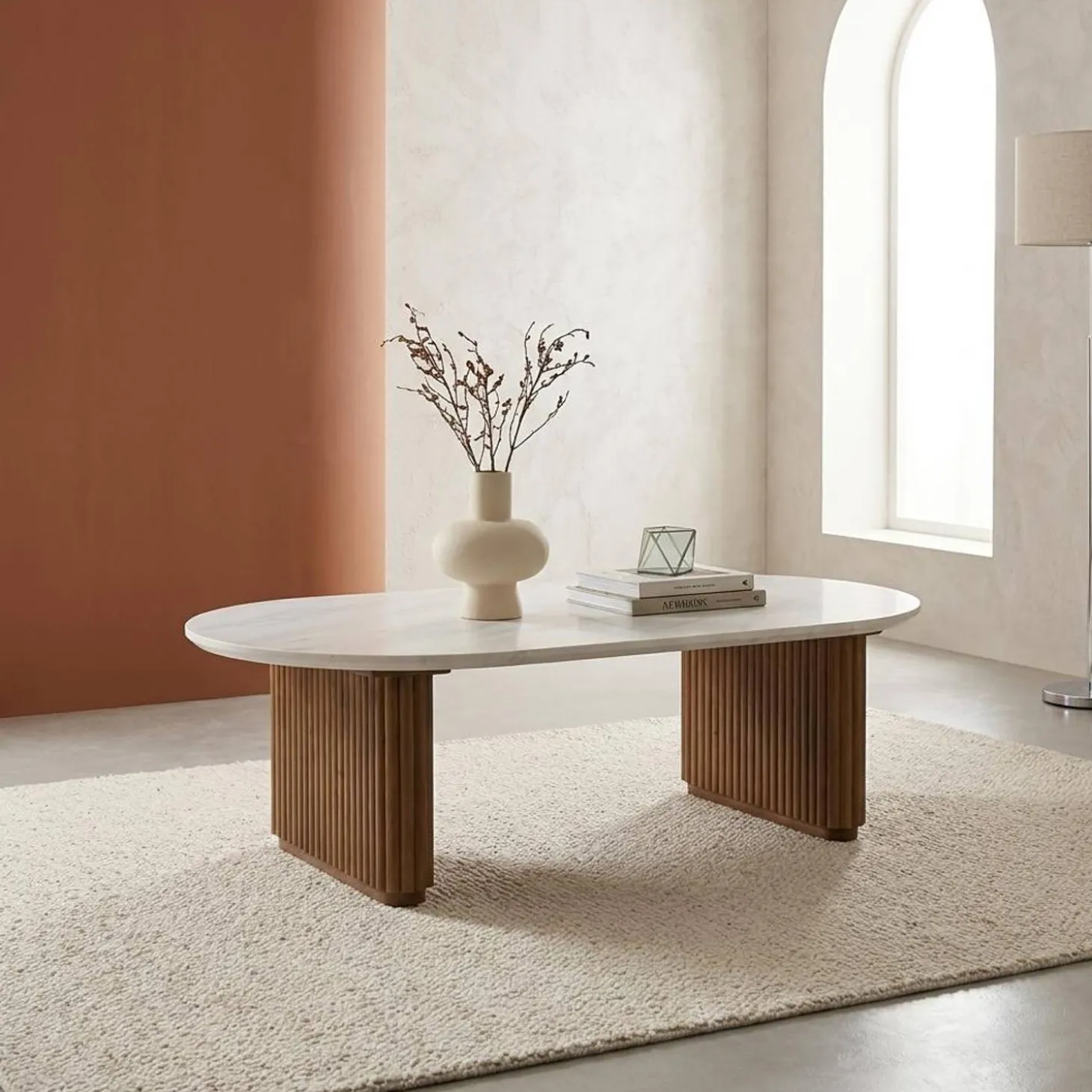 Mesa de centro ovalada de madera de hevea con efecto piedra
