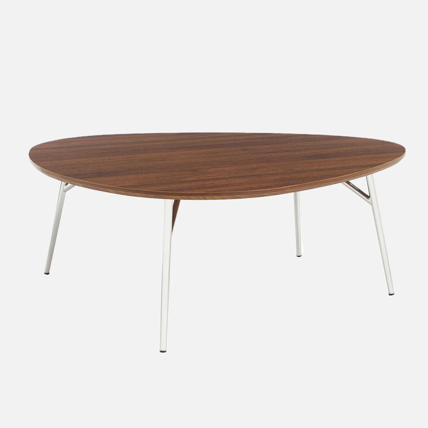 Mesa de centro ovalada patas cromadas y efecto madera