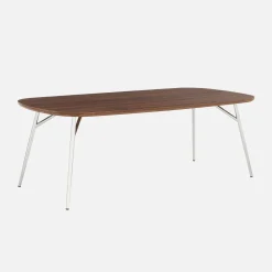 Mesa de centro rectangular con patas cromadas y decoración de madera