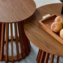 Mesa de centro redondas de efecto madera y abeto, set de 2