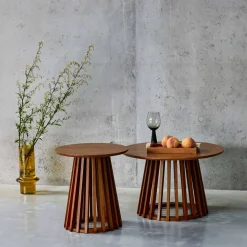Mesa de centro redondas de efecto madera y abeto, set de 2