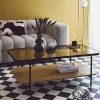Mesa de centro vintage de metal negro con tapa de cristal y decoración de madera