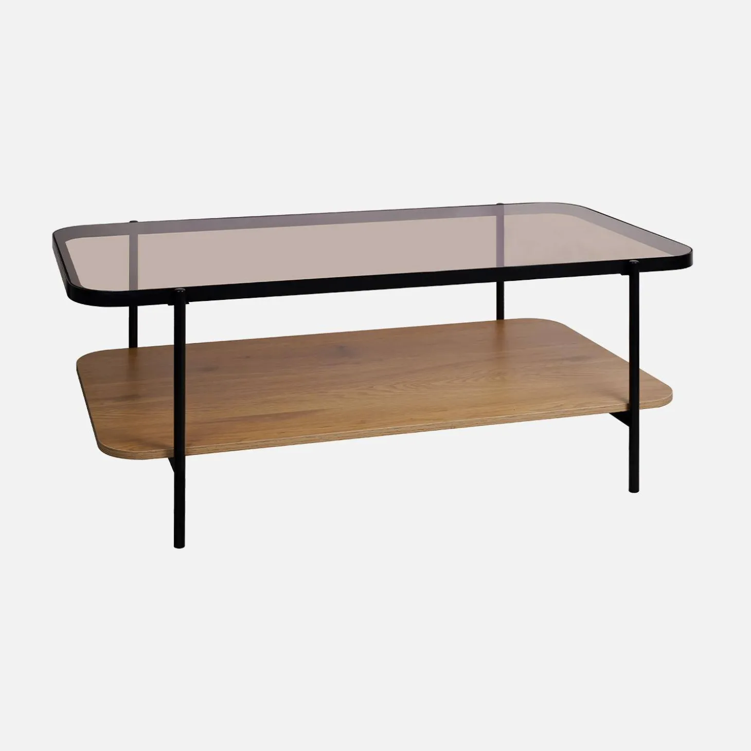 Mesa de centro vintage de metal negro con tapa de cristal y decoración de madera