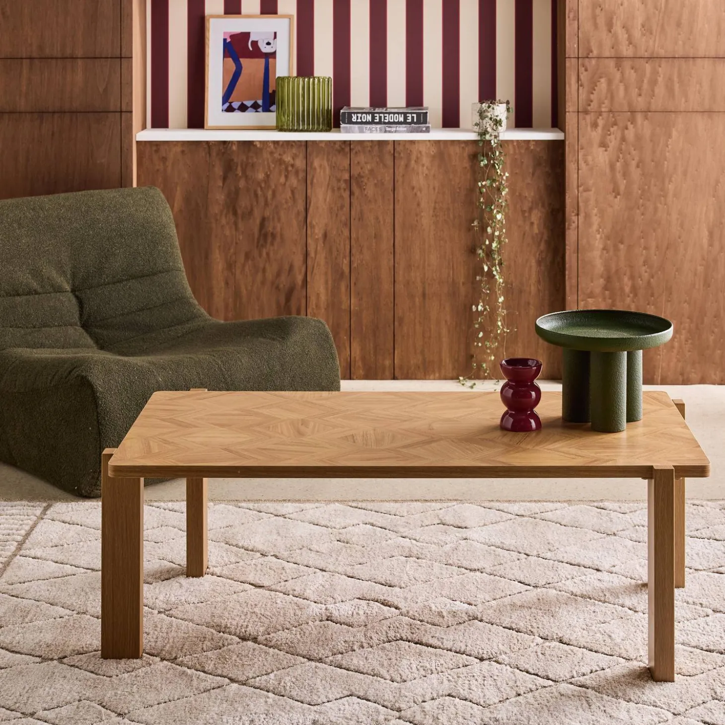 Mesa de centro vintage rectangular decorada con efecto de madera en espiga