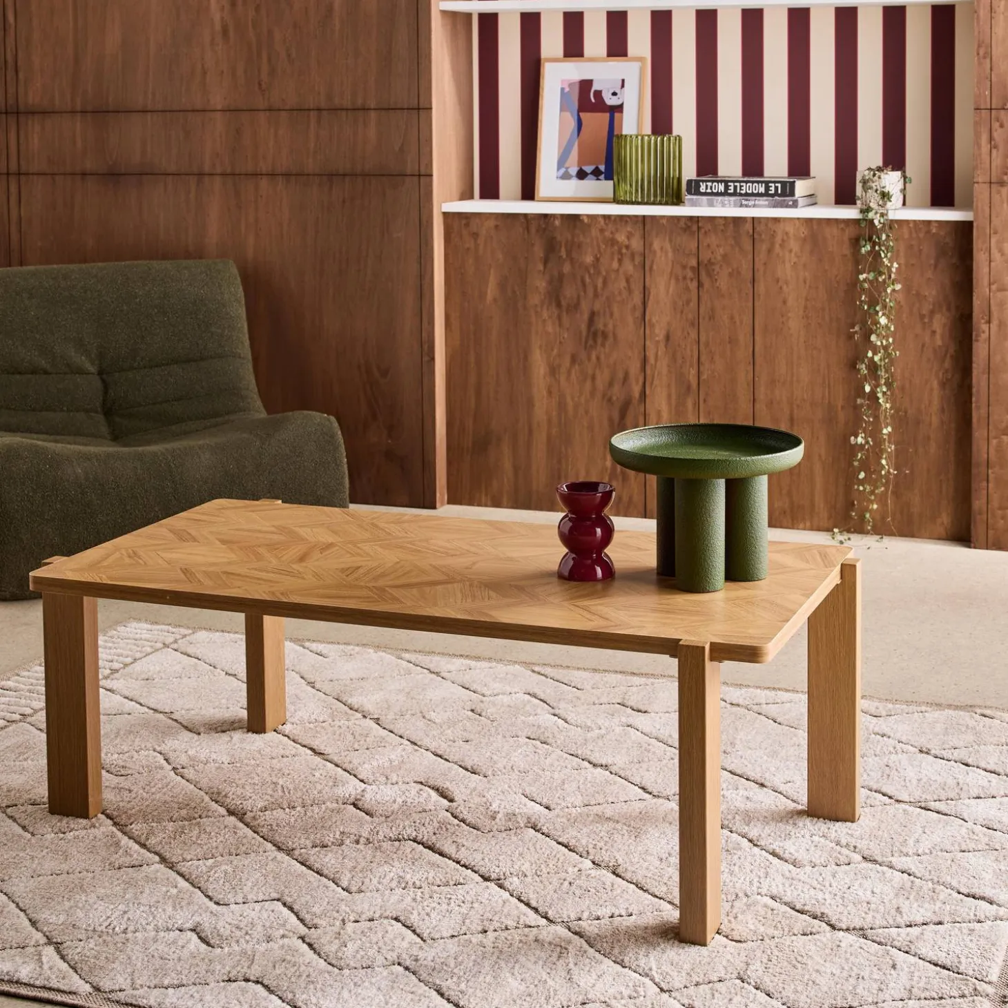 Mesa de centro vintage rectangular decorada con efecto de madera en espiga