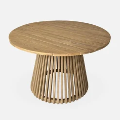 Mesa de comedor redonda de madera, interior/exterior + 4 sillones de cuerda y acero
