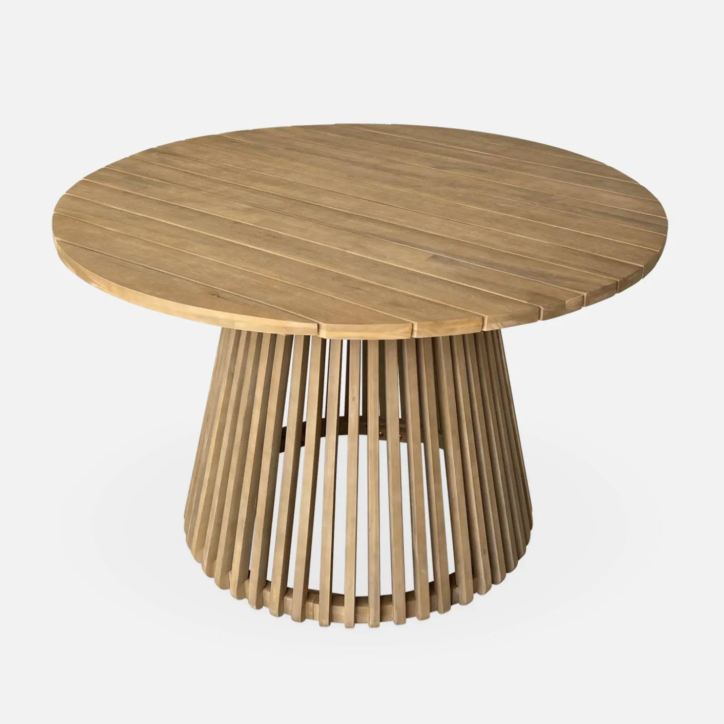 Mesa de comedor redonda de madera, interior/exterior + 4 sillones de cuerda y acero