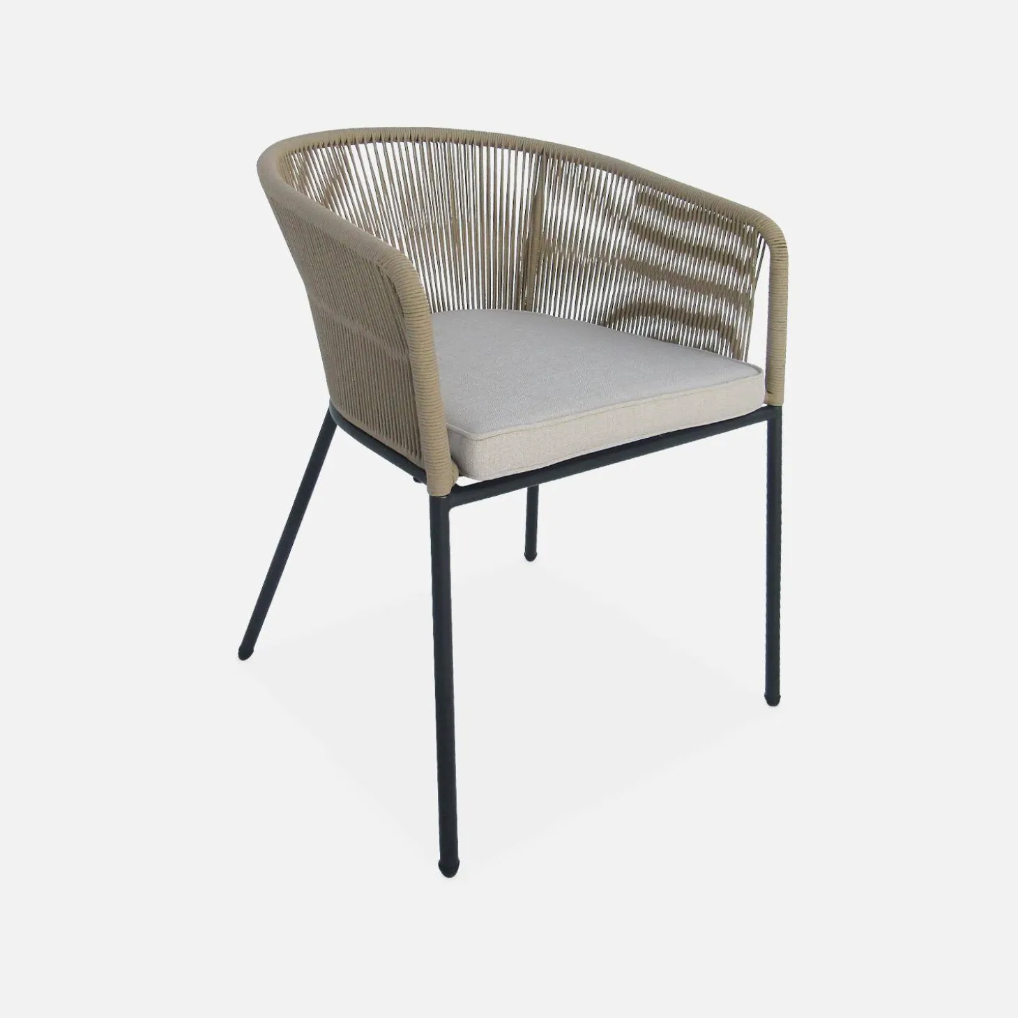 Mesa de comedor redonda de madera, interior/exterior + 4 sillones de cuerda y acero