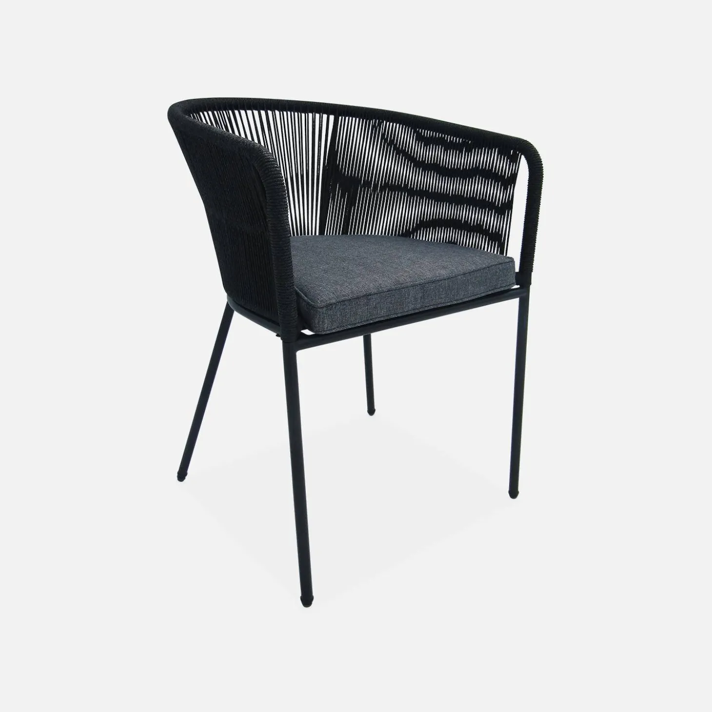 Mesa de comedor redonda de madera, interior/exterior + 4 sillones de cuerda y acero