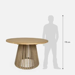 Mesa de comedor redonda de madera, interior/exterior + 4 sillones de cuerda y acero