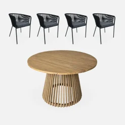 Mesa de comedor redonda de madera, interior/exterior + 4 sillones de cuerda y acero