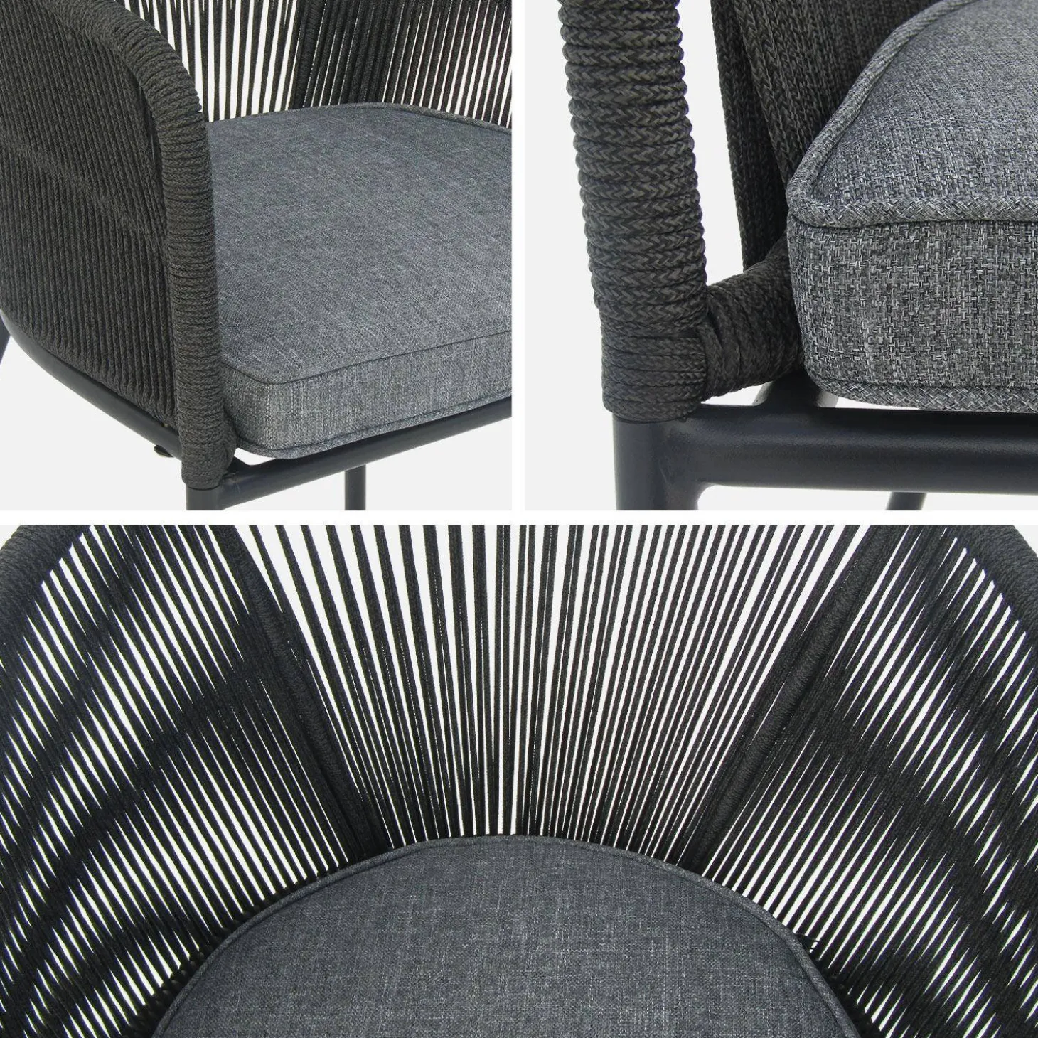 Mesa de comedor redonda de madera, interior/exterior + 4 sillones de cuerda y acero