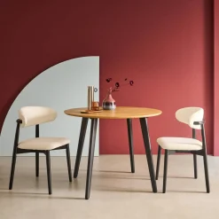 Mesa de comedor redonda efecto madera con patas de metal negro, 4 plazas