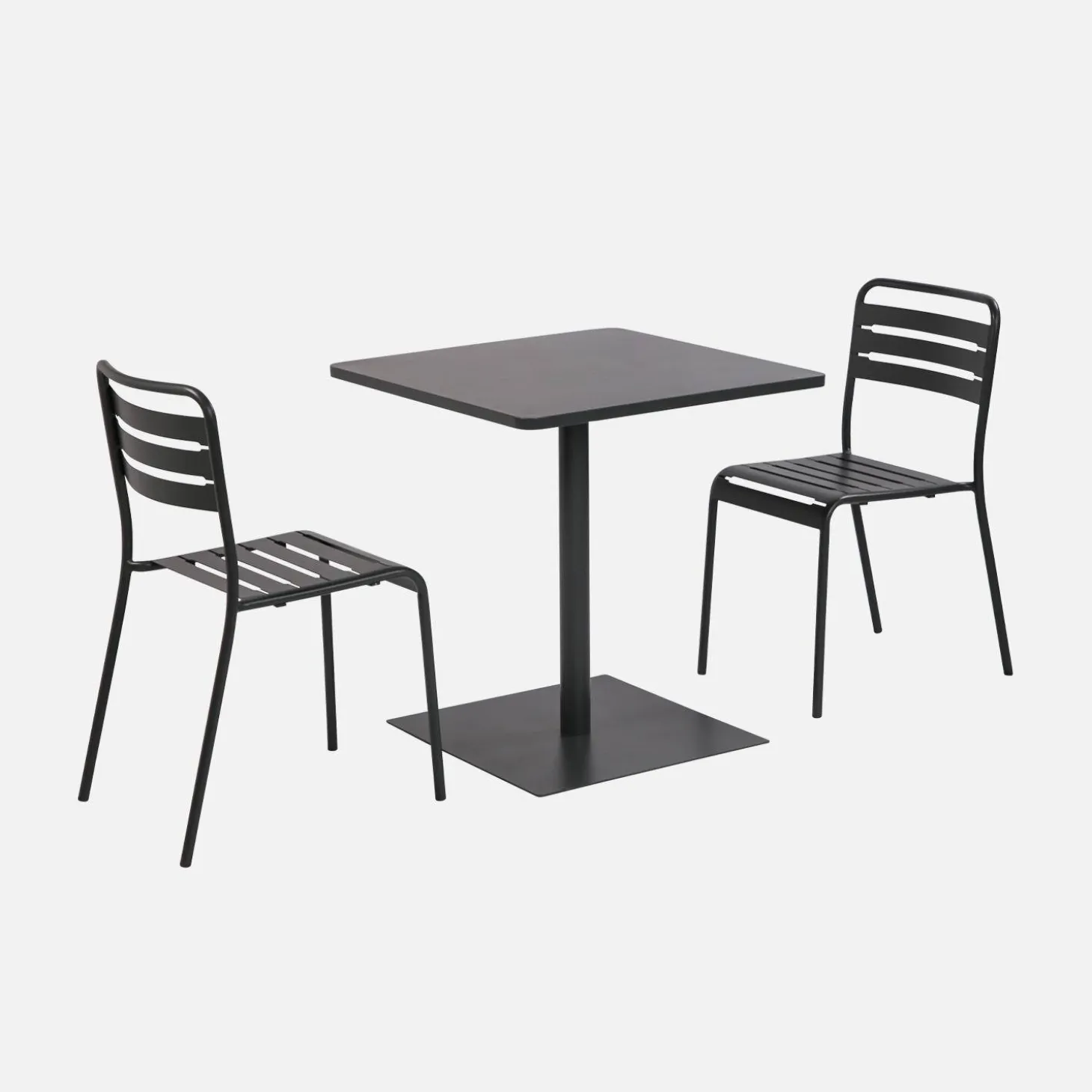 Mesa de jardín bistró cuadrada de acero con 2 sillas