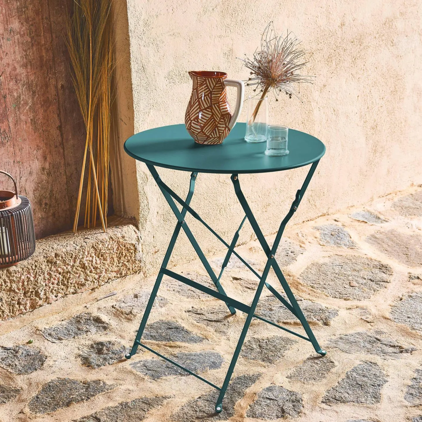 Mesa de jardín bistró plegable de acero, 2 plazas, ø60cm