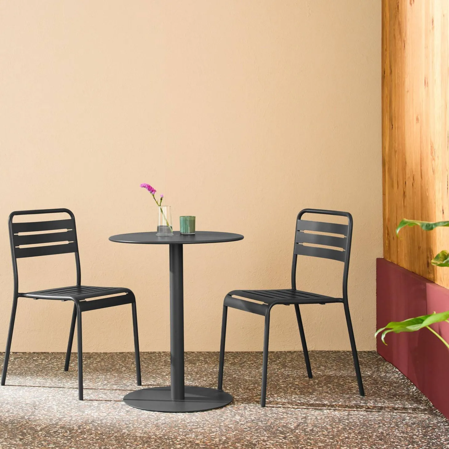 Mesa de jardín bistró redonda de acero con 2 sillas