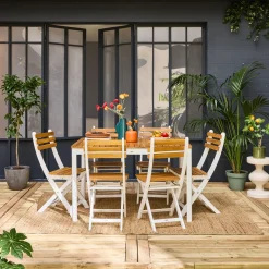 Mesa de jardín de acacia con esquinas redondeadas, 6 sillas
