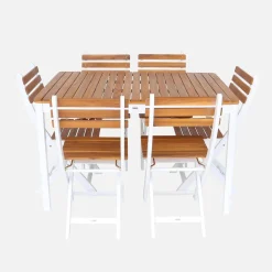 Mesa de jardín de acacia con esquinas redondeadas, 6 sillas