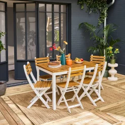 Mesa de jardín de acacia con esquinas redondeadas, 6 sillas