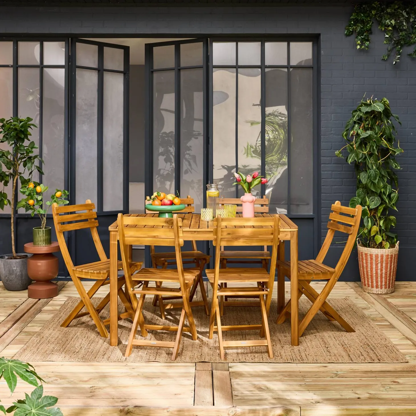 Mesa de jardín de acacia con esquinas redondeadas, 6 plazas