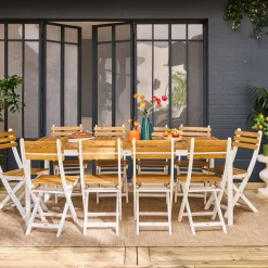 Mesa de jardín de acacia con esquinas redondeadas, 10 sillas