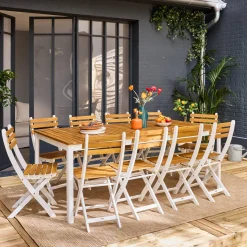Mesa de jardín de acacia con esquinas redondeadas, 10 sillas