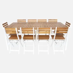 Mesa de jardín de acacia con esquinas redondeadas, 10 sillas