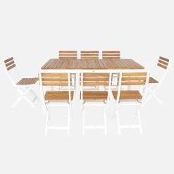 Mesa de jardín de acacia con esquinas redondeadas, 8 sillas