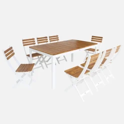 Mesa de jardín de acacia con esquinas redondeadas, 8 sillas