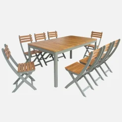Mesa de jardín de acacia con esquinas redondeadas, 8 sillas