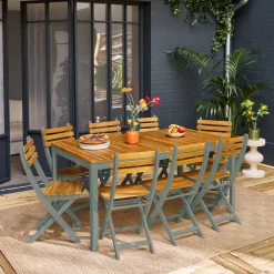 Mesa de jardín de acacia con esquinas redondeadas, 8 sillas