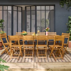Mesa de jardín de acacia con esquinas redondeadas, 10 sillas
