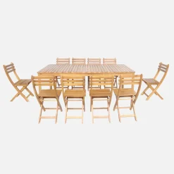 Mesa de jardín de acacia con esquinas redondeadas, 10 sillas