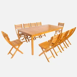 Mesa de jardín de acacia con esquinas redondeadas, 10 sillas