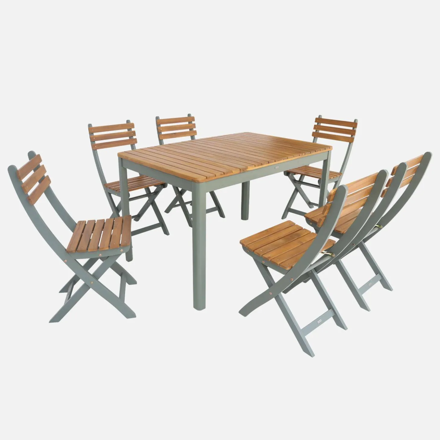 Mesa de jardín de acacia con esquinas redondeadas, 6 sillas