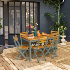 Mesa de jardín de acacia con esquinas redondeadas, 6 sillas