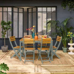 Mesa de jardín de acacia con esquinas redondeadas, 6 sillas