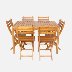 Mesa de jardín de acacia con esquinas redondeadas, 6 sillas