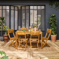 Mesa de jardín de acacia con esquinas redondeadas, 6 sillas