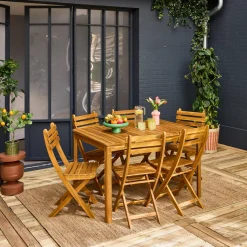 Mesa de jardín de acacia con esquinas redondeadas, 6 sillas