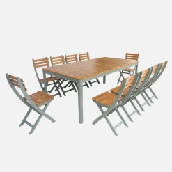 Mesa de jardín de acacia con esquinas redondeadas, 10 sillas