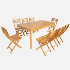 Mesa de jardín de acacia con esquinas redondeadas, 8 sillas