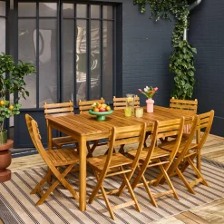 Mesa de jardín de acacia con esquinas redondeadas, 8 sillas