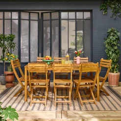 Mesa de jardín de acacia con esquinas redondeadas, 8 sillas