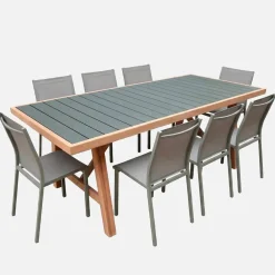 Mesa de jardín de madera de acacia y aluminio con 8 sillas