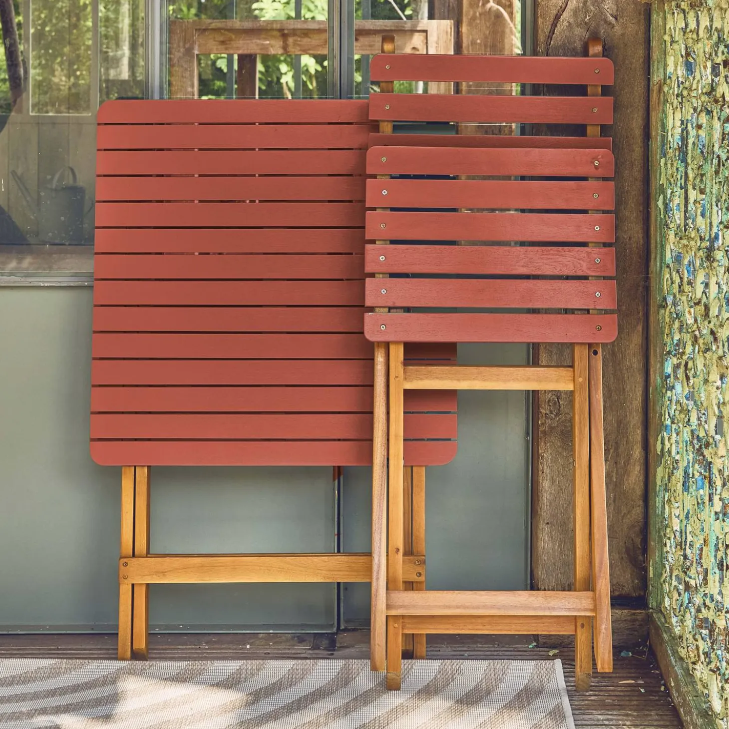 Mesa de jardín de madera de acacia con 2 sillas plegables