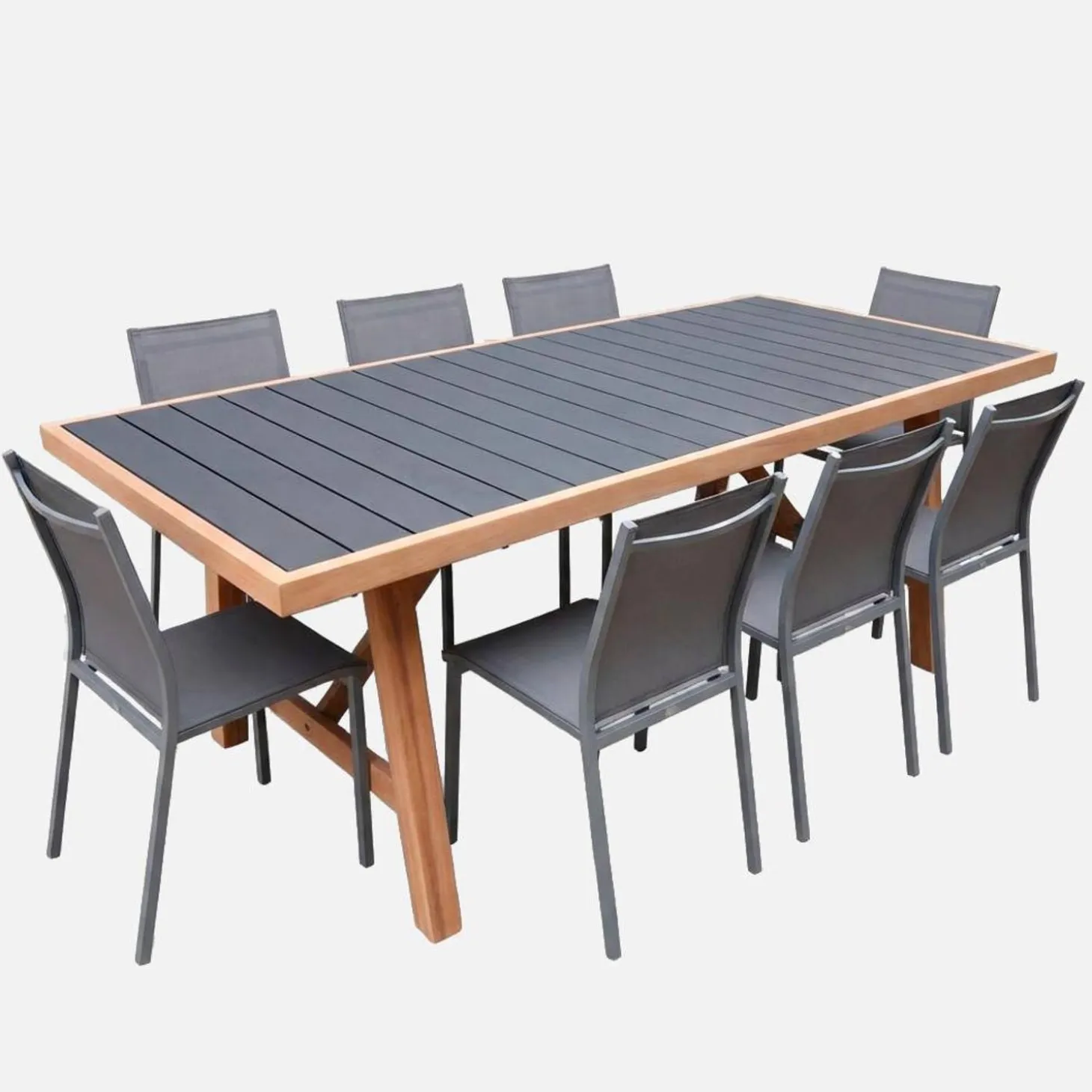 Mesa de jardín de madera de acacia y aluminio con 8 sillas