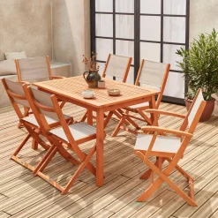 Mesa de jardín de madera extensible, 6 sillas