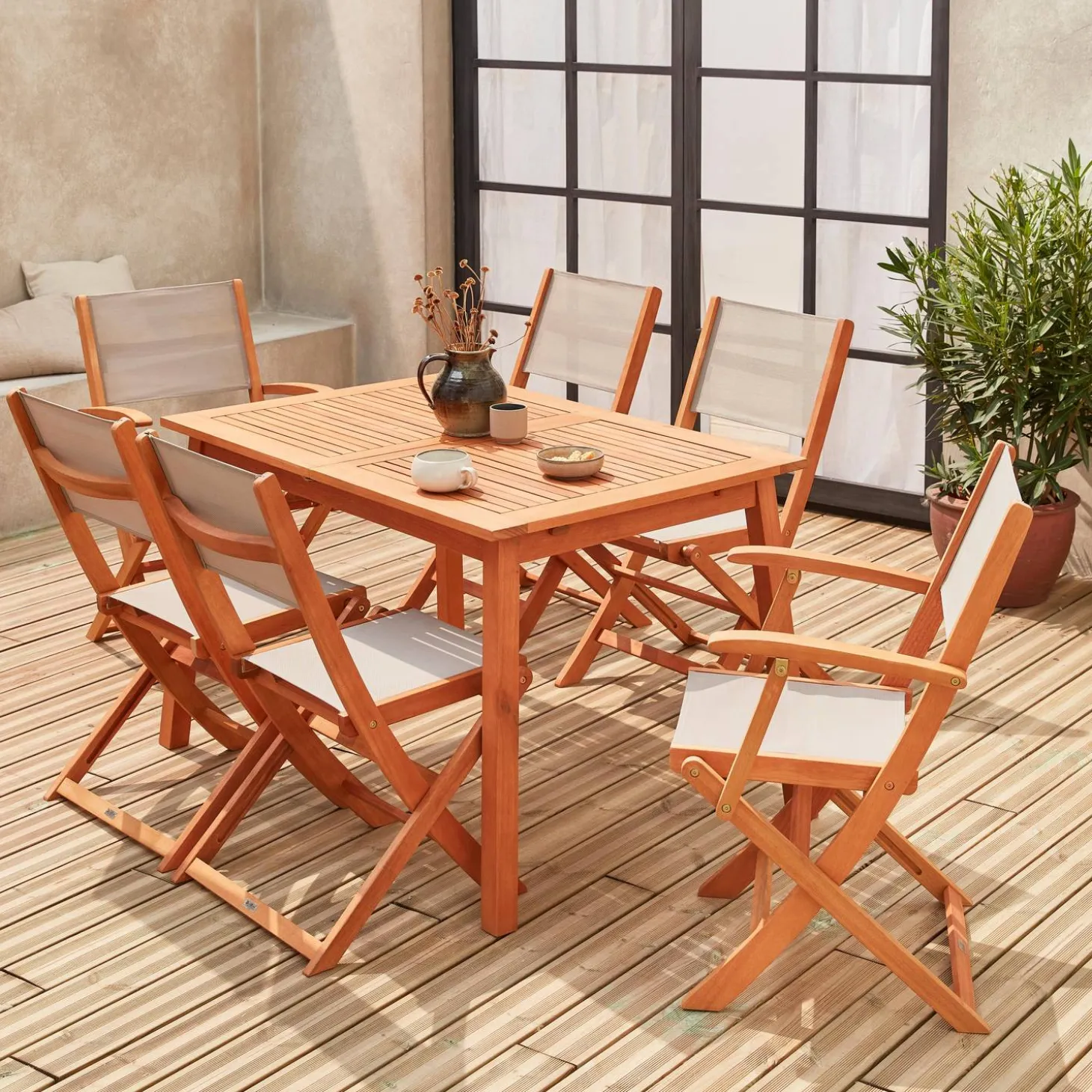 Mesa de jardín de madera extensible, 6 sillas